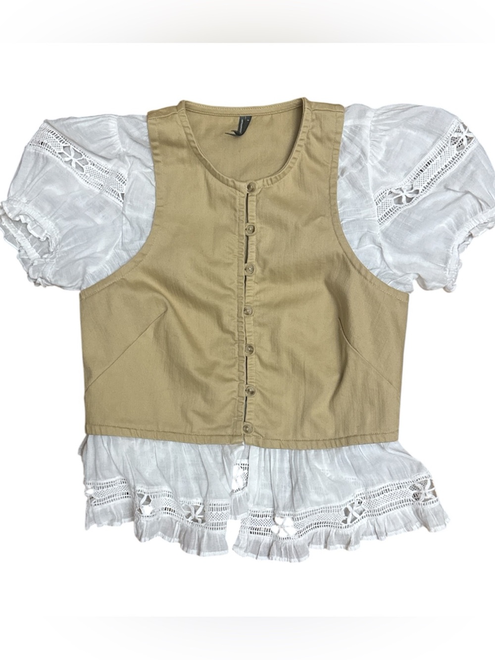Anthropologie Beige Button-Front, Eyelets Puff Sleeve Top - Picture 5 of 8